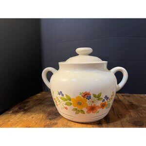 Sweet Flowers 2.5 Qt. Covered Bean Pot Bake 'n Store Stoneware 1980 Vintage